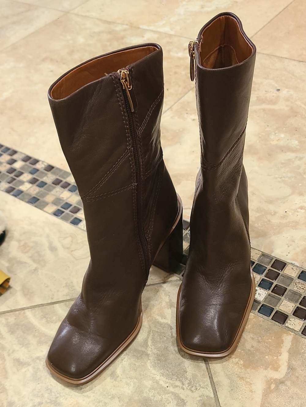 Franco Sarto Brown Leather Mid-Calf Zip Heeled Boots
